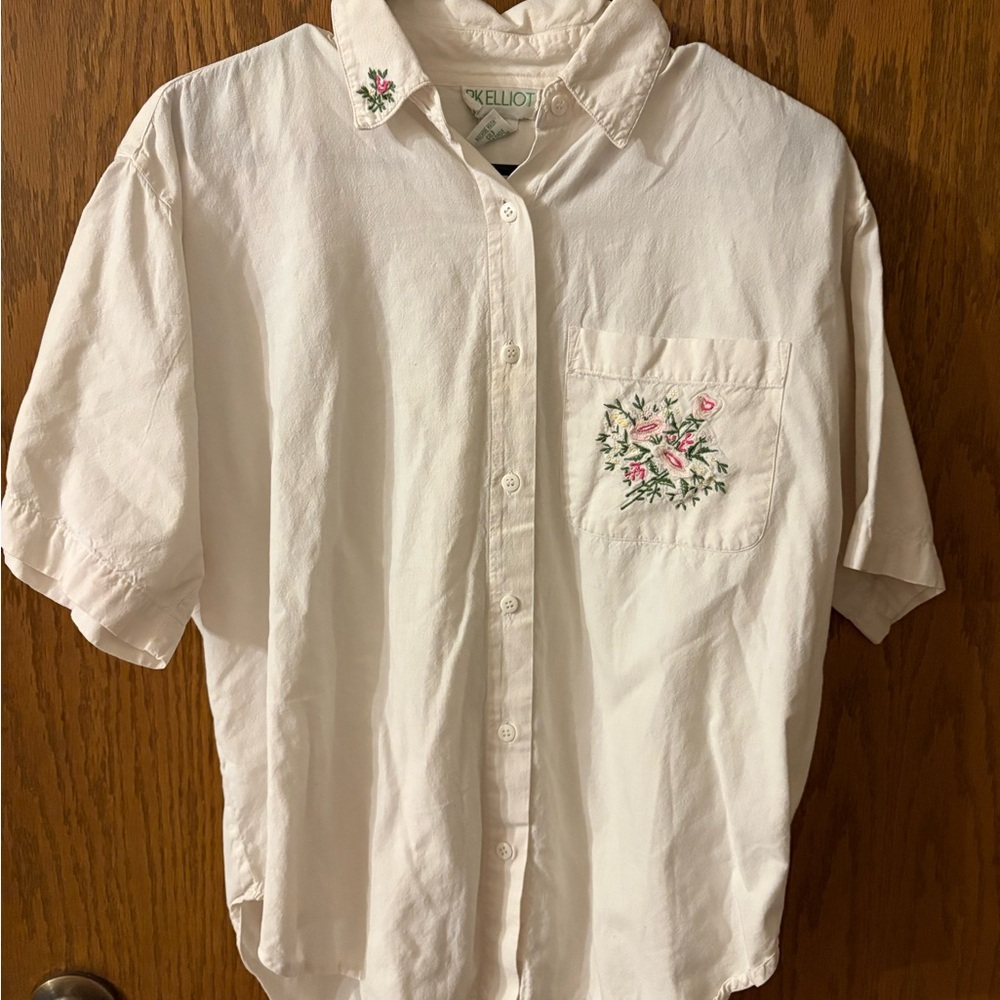 White Floral Embroidered Button-Up Shirt